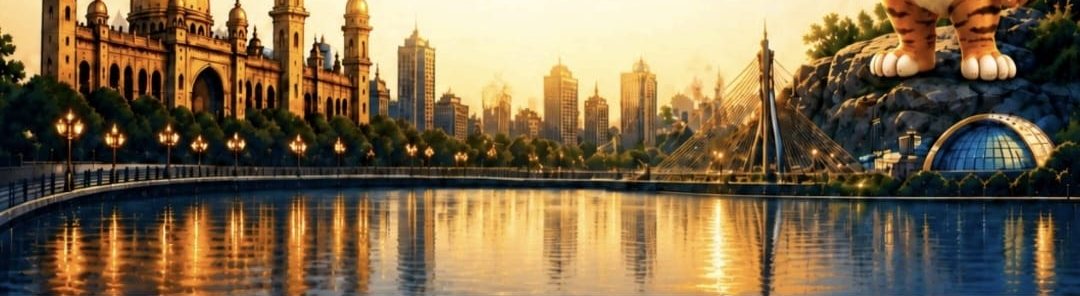 Illustration of Bhopal at sunrise, with a palace and city towers beside the lake.